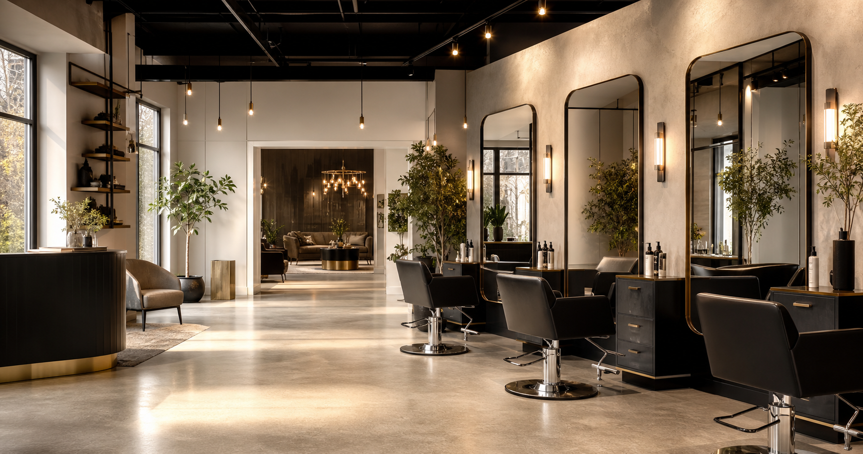 Luxury Hairitage-inspired salon interior with styling stations and waiting area