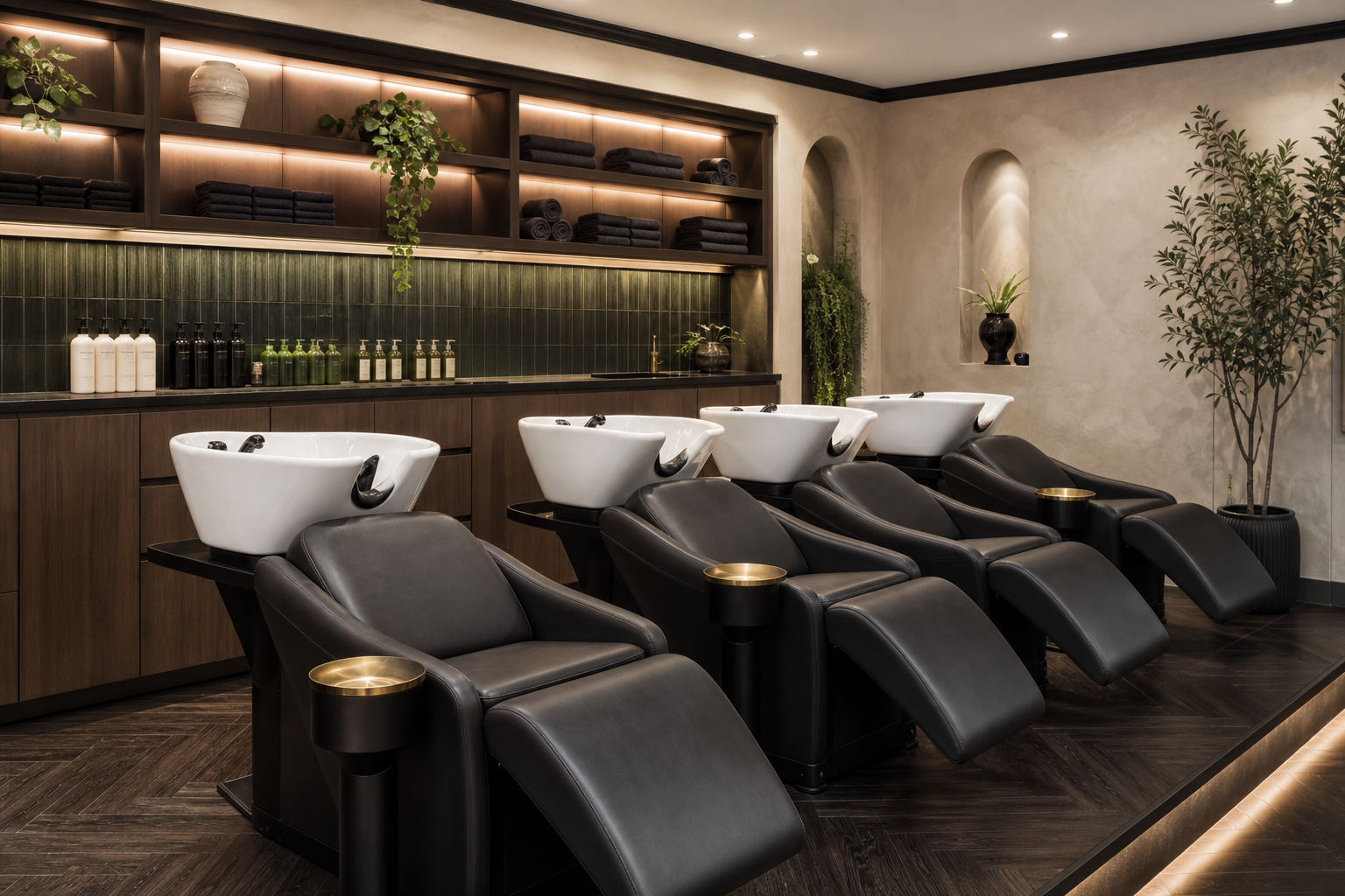 Modern shampoo area with reclining wash chairs