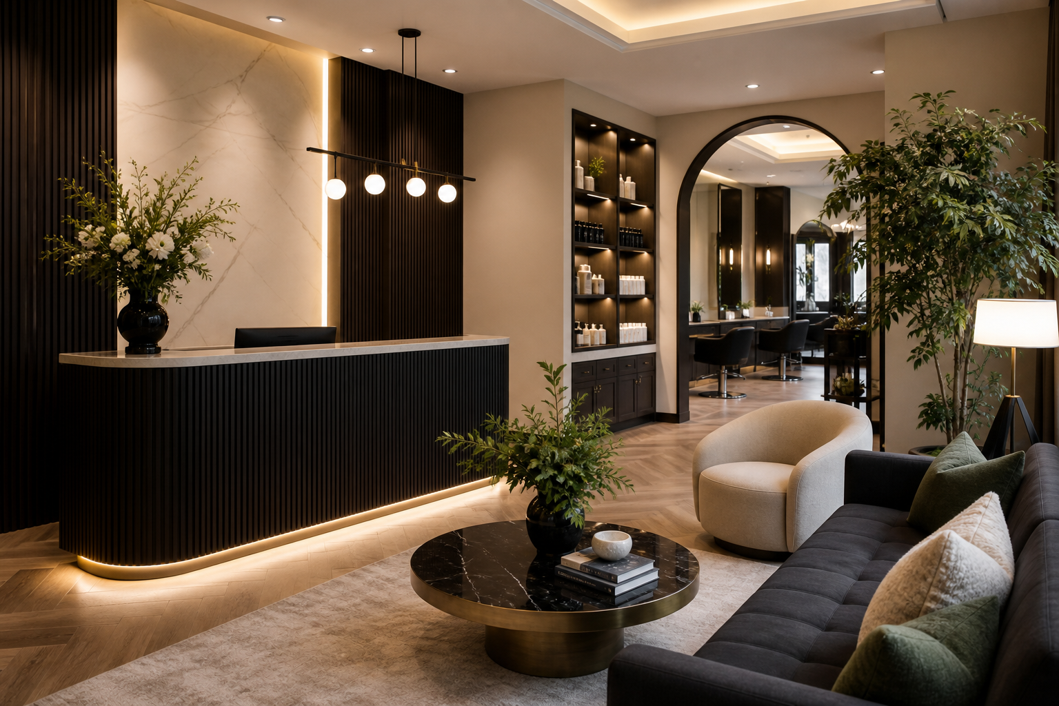 Luxury salon waiting area and reception space